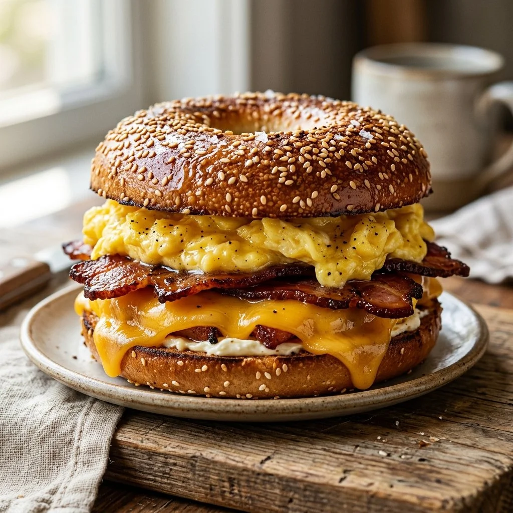 Delicious breakfast bagel sandwich with eggs, cheese, and bacon.