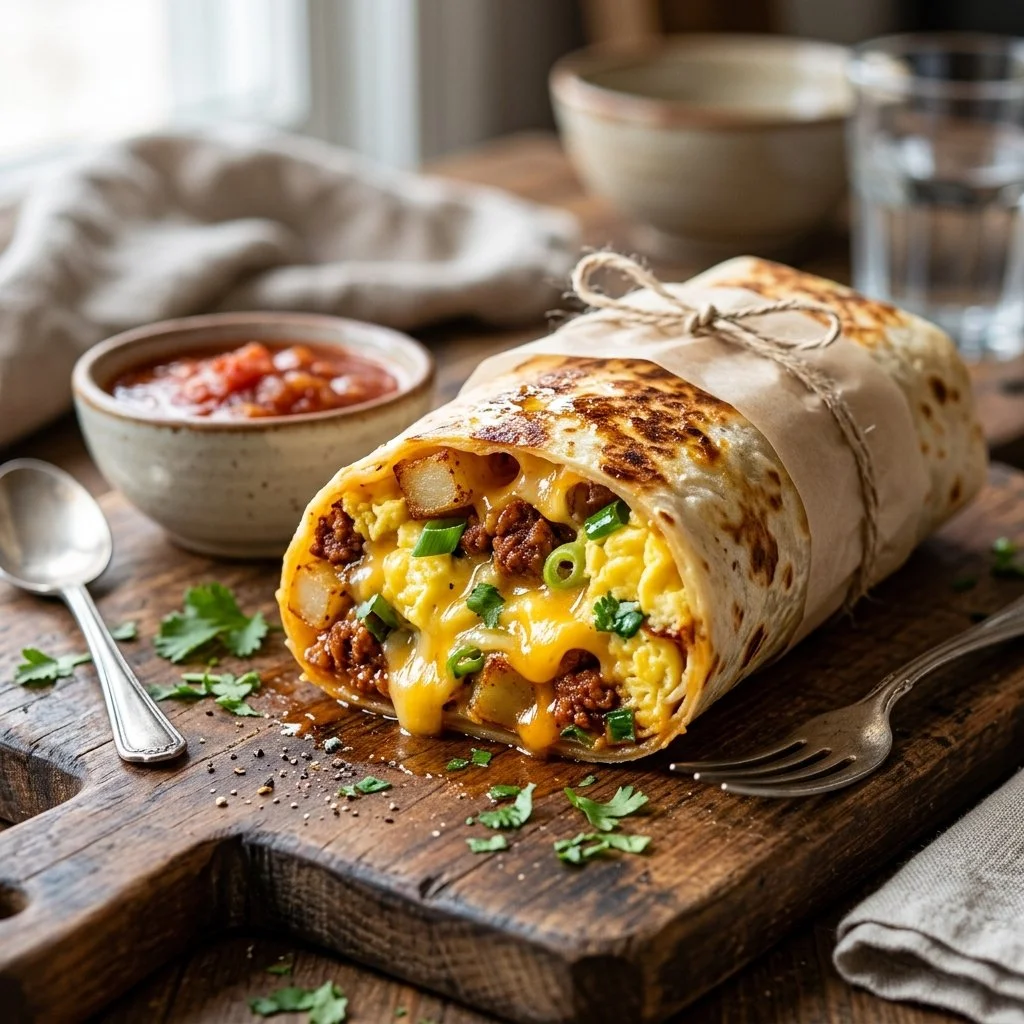 Delicious breakfast burritos filled with eggs, cheese, and fresh vegetables.