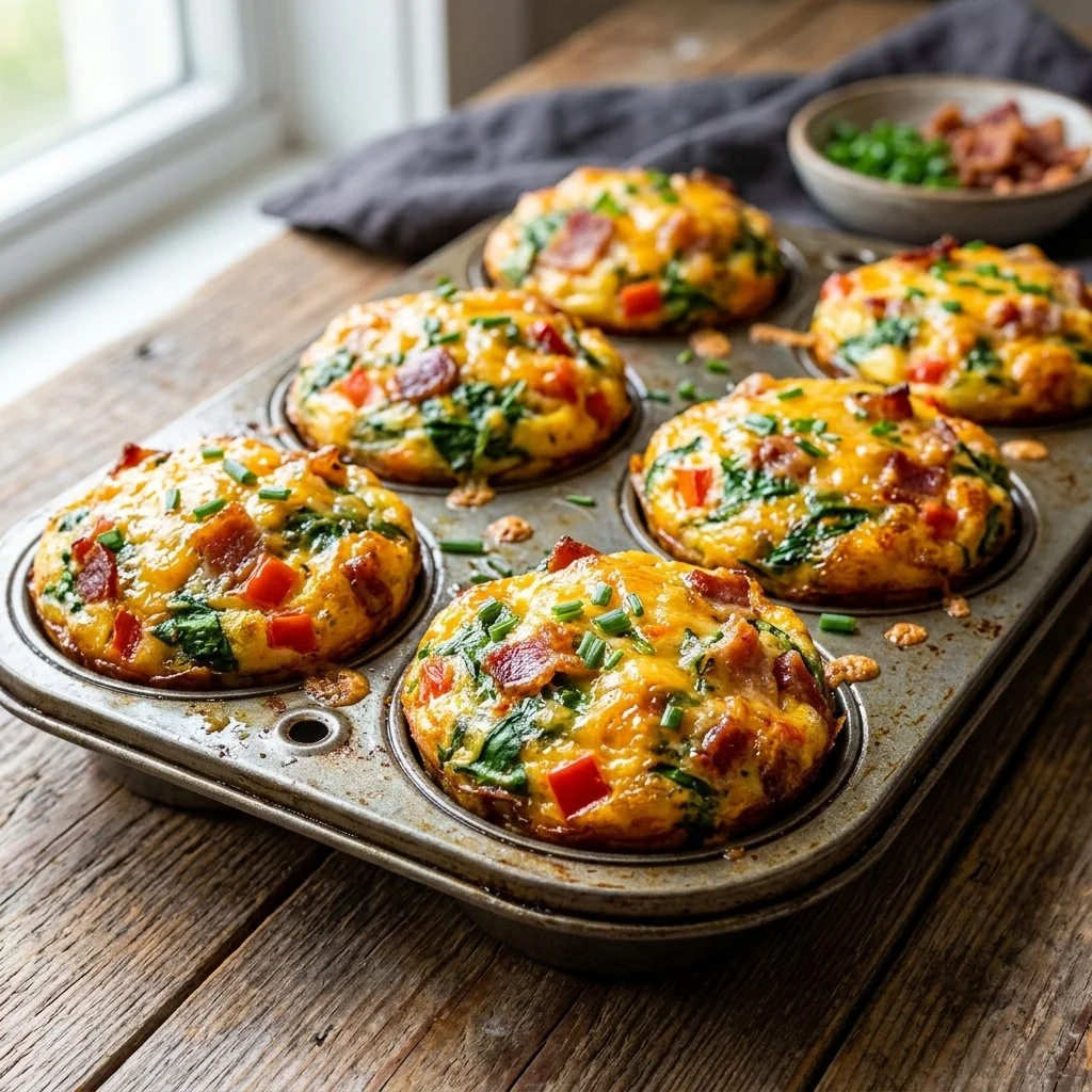 Delicious breakfast egg muffins baked with vegetables and cheese.