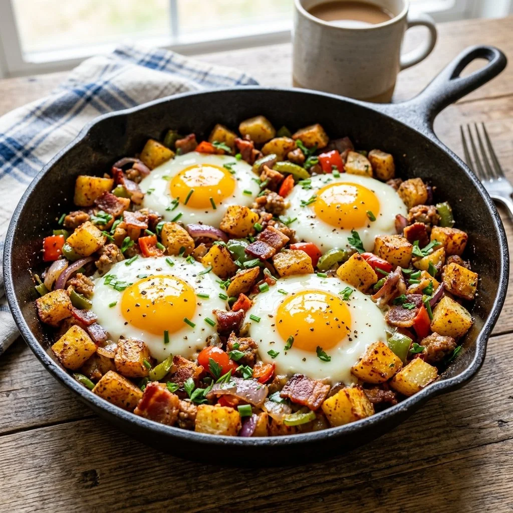 Delicious breakfast potato skillet with mixed veggies and herbs