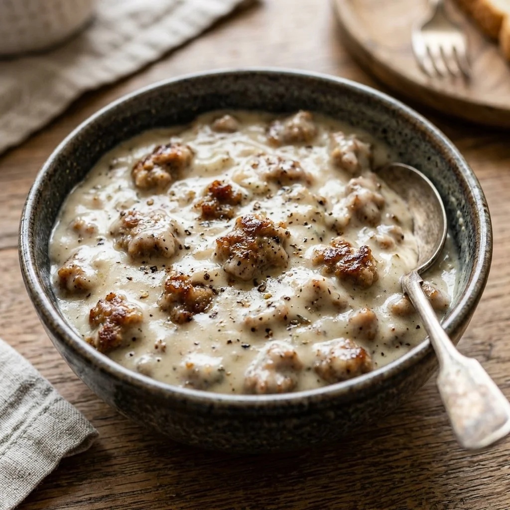 Delicious breakfast sausage gravy served over flaky biscuits.