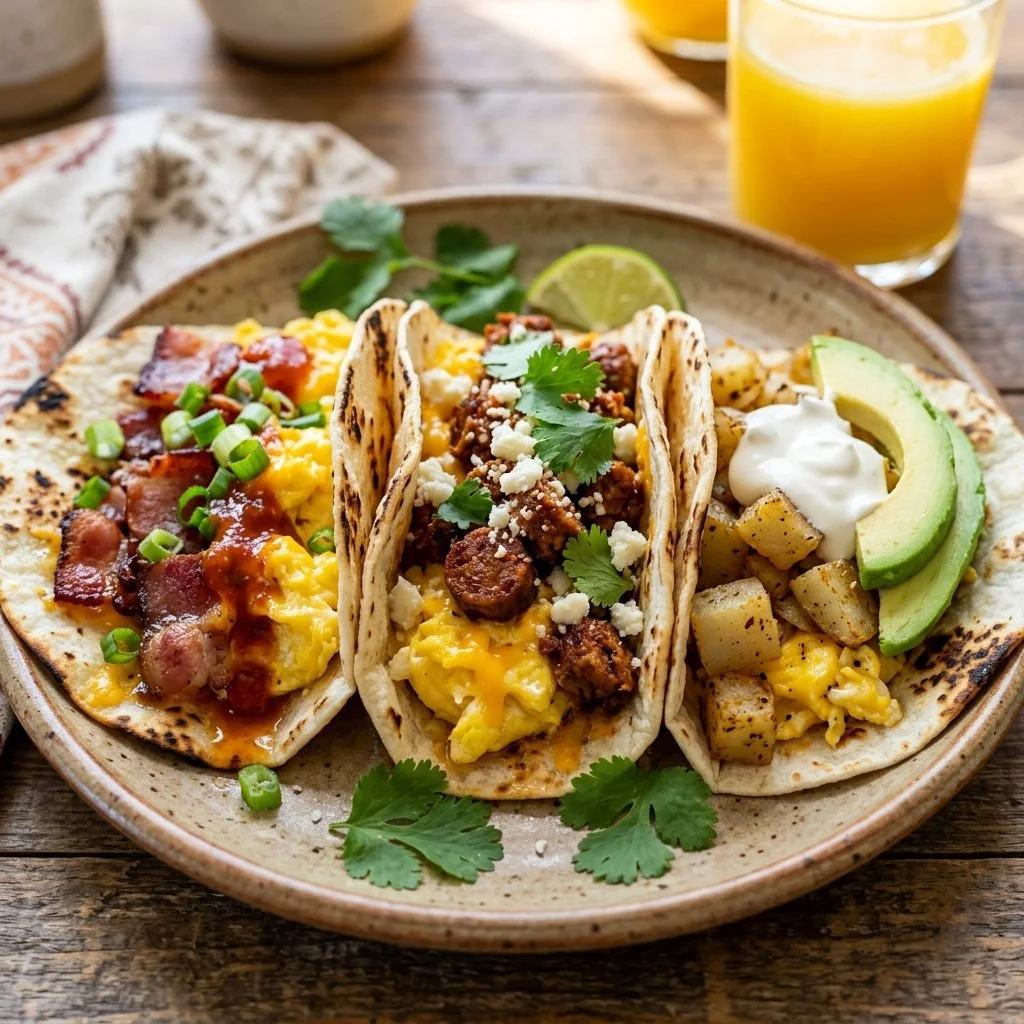 Delicious breakfast tacos filled with eggs, cheese, and fresh toppings