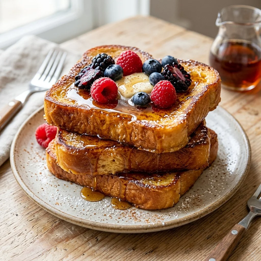 Delicious plate of Brioche French Toast topped with syrup and berries
