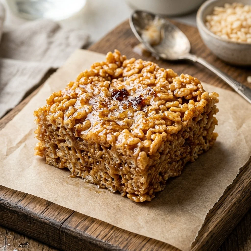 Delicious Brown Butter Rice Krispie Treats on a plate.