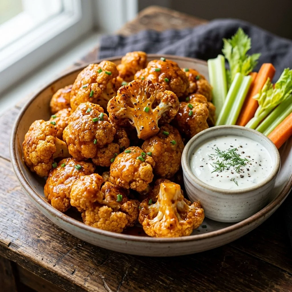 Plate of crispy Buffalo Cauliflower Wings garnished with celery and blue cheese dressing
