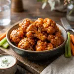 Crispy buffalo cauliflower wings served with dipping sauce on a plate
