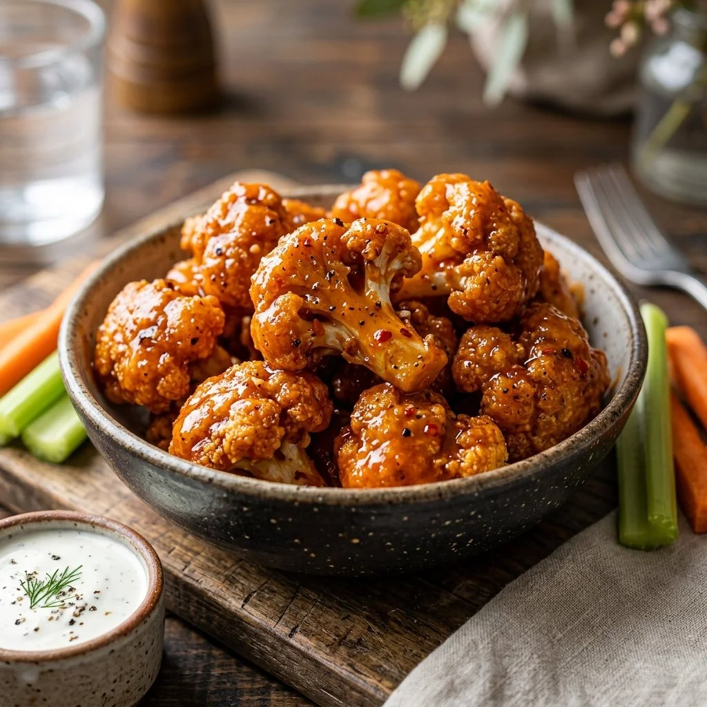 Crispy buffalo cauliflower wings served with dipping sauce on a plate