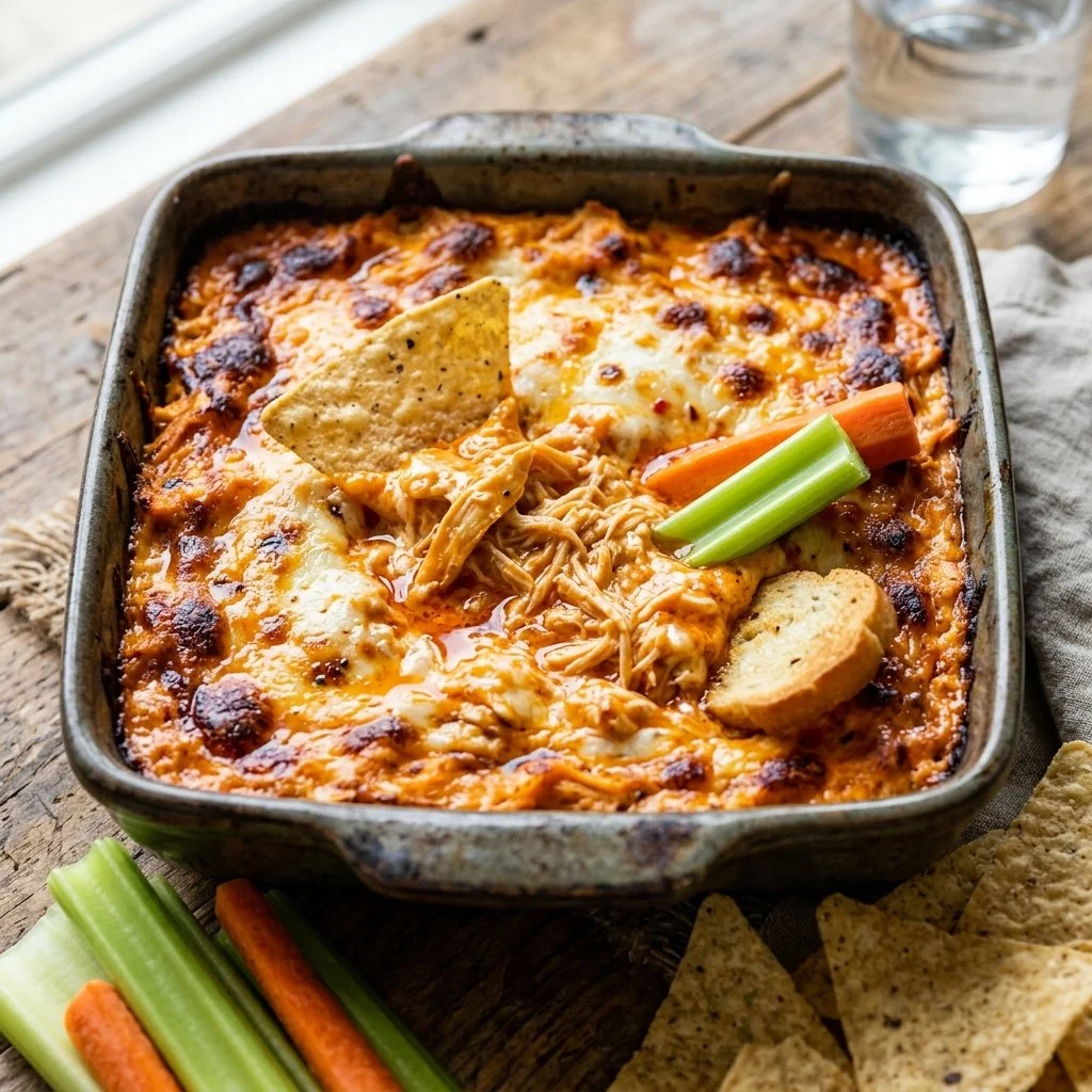 Creamy and spicy Buffalo Chicken Dip served with tortilla chips.