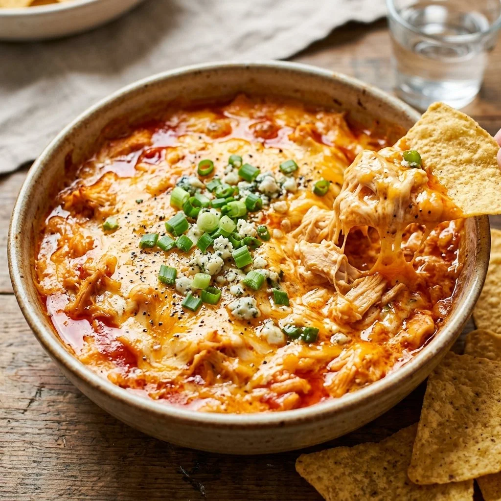 Delicious Buffalo Chicken Dip served with tortilla chips