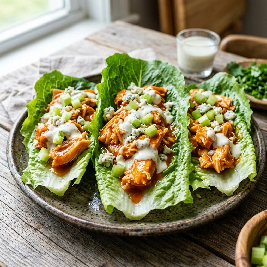 Buffalo Chicken Lettuce Wraps served on a plate, garnished with herbs.