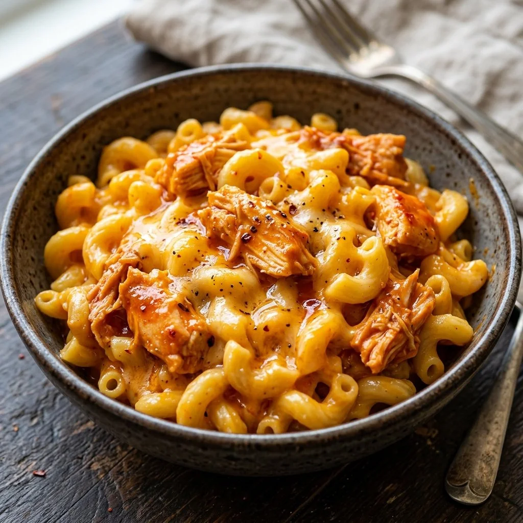 Delicious Buffalo Chicken Mac and Cheese served in a bowl with toppings