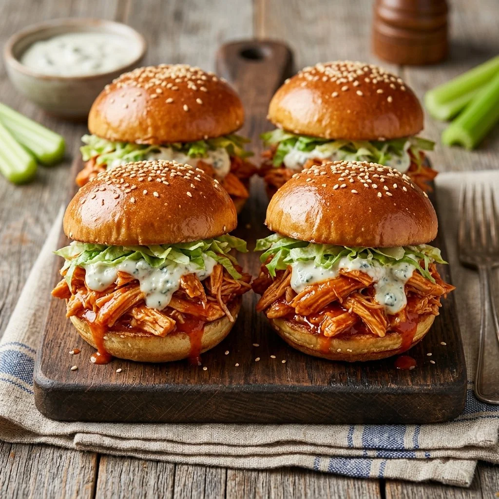 Buffalo Chicken Sliders served with blue cheese dip and celery sticks