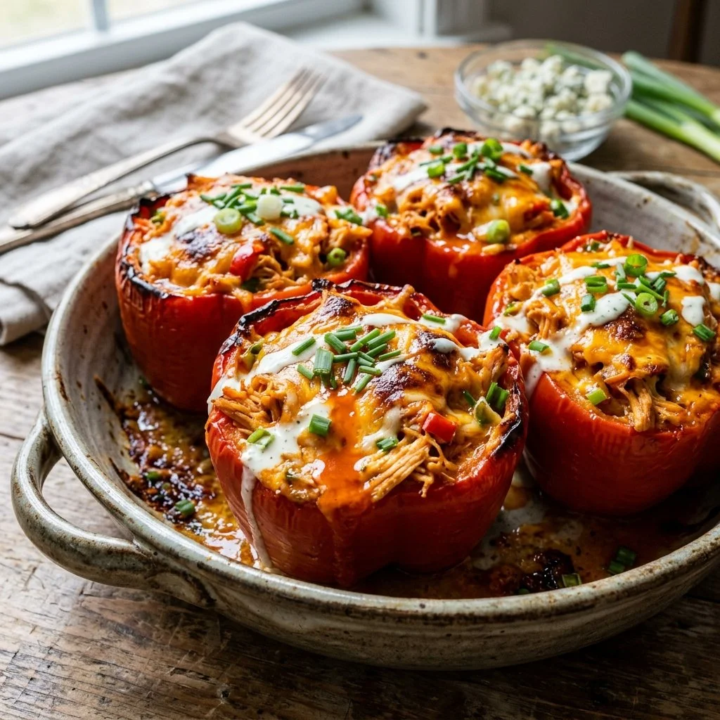 Buffalo chicken stuffed peppers filled with spicy chicken and cheese