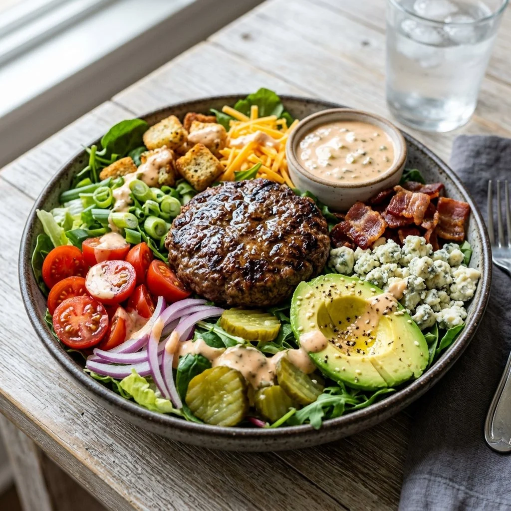 Colorful burger salad bowls with fresh vegetables and grilled beef.