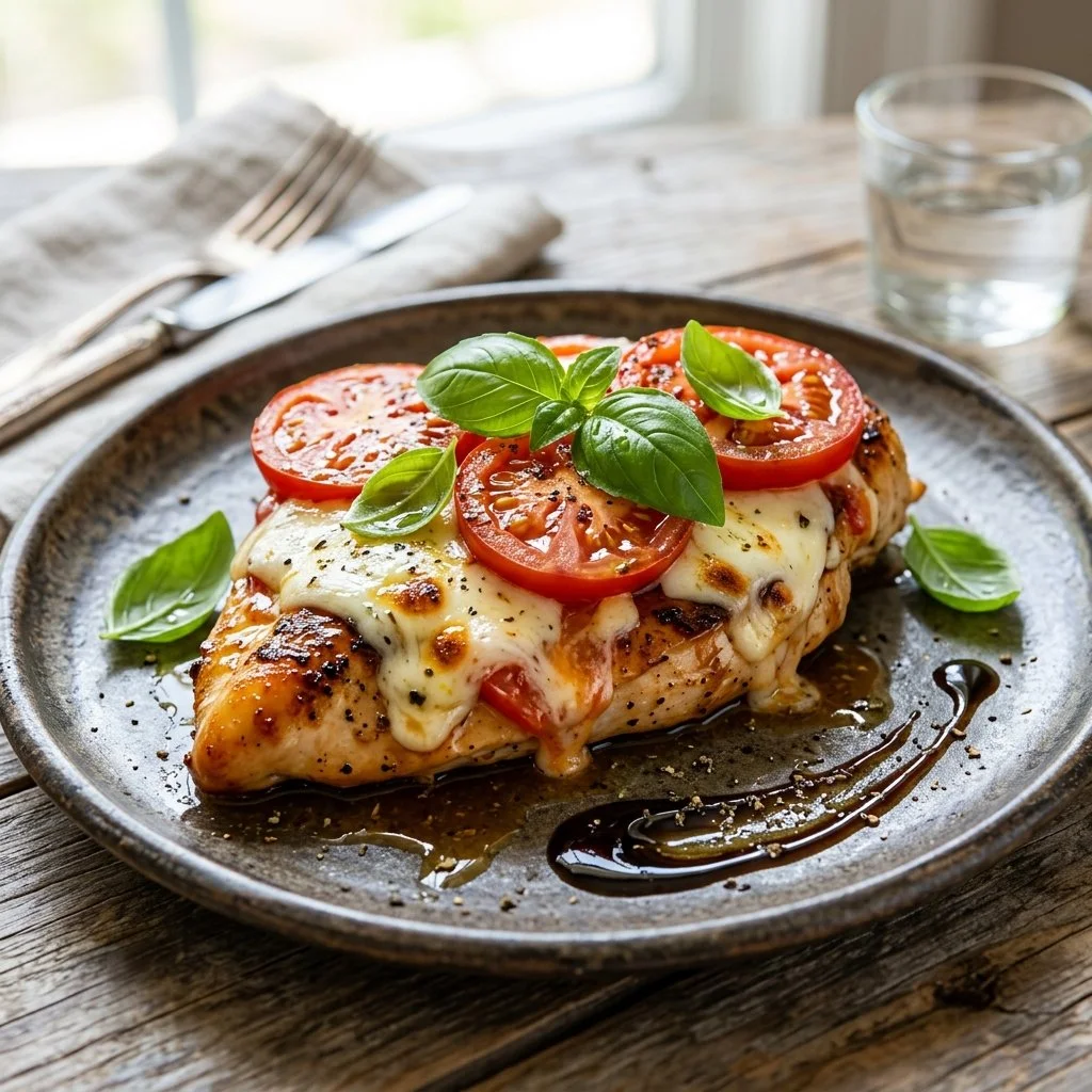 Delicious Caprese Chicken dish with mozzarella, tomatoes, and fresh basil