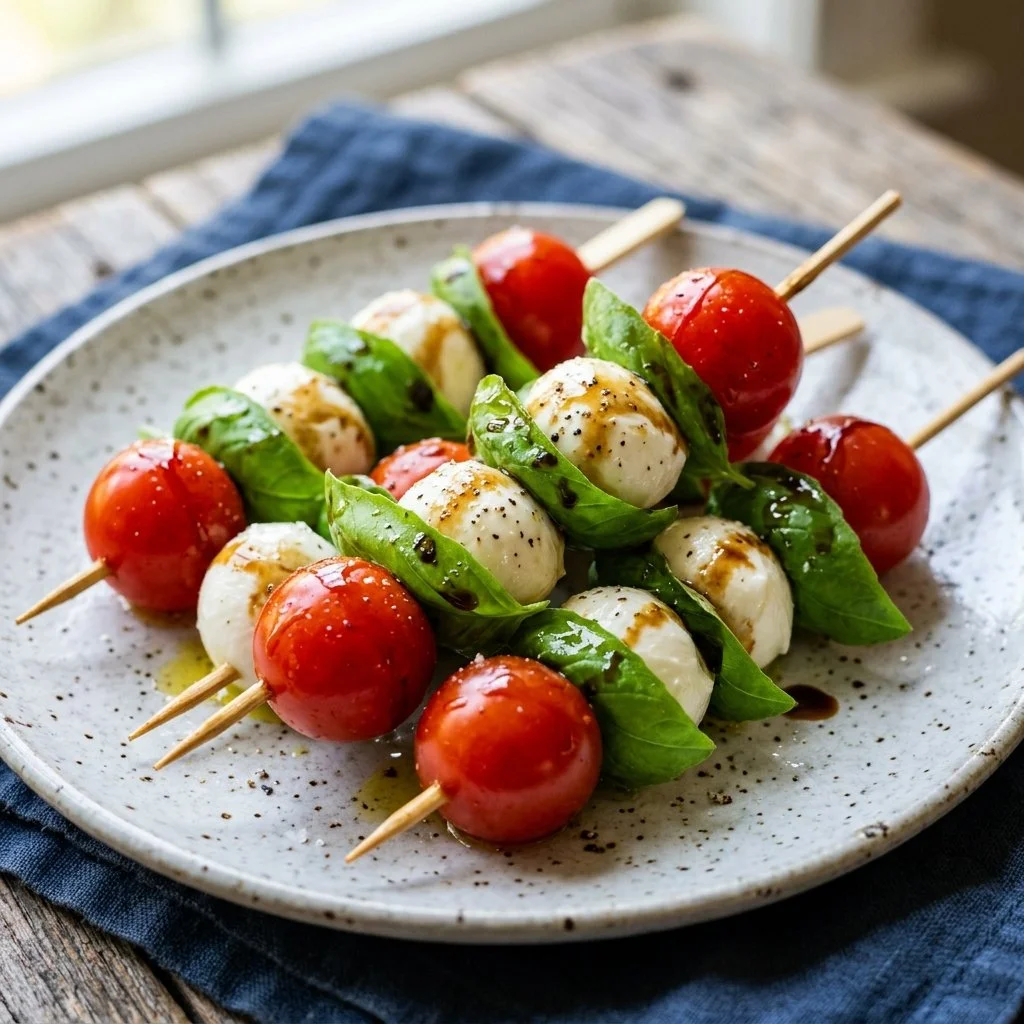 Colorful Caprese salad skewers featuring mozzarella, tomatoes, and basil
