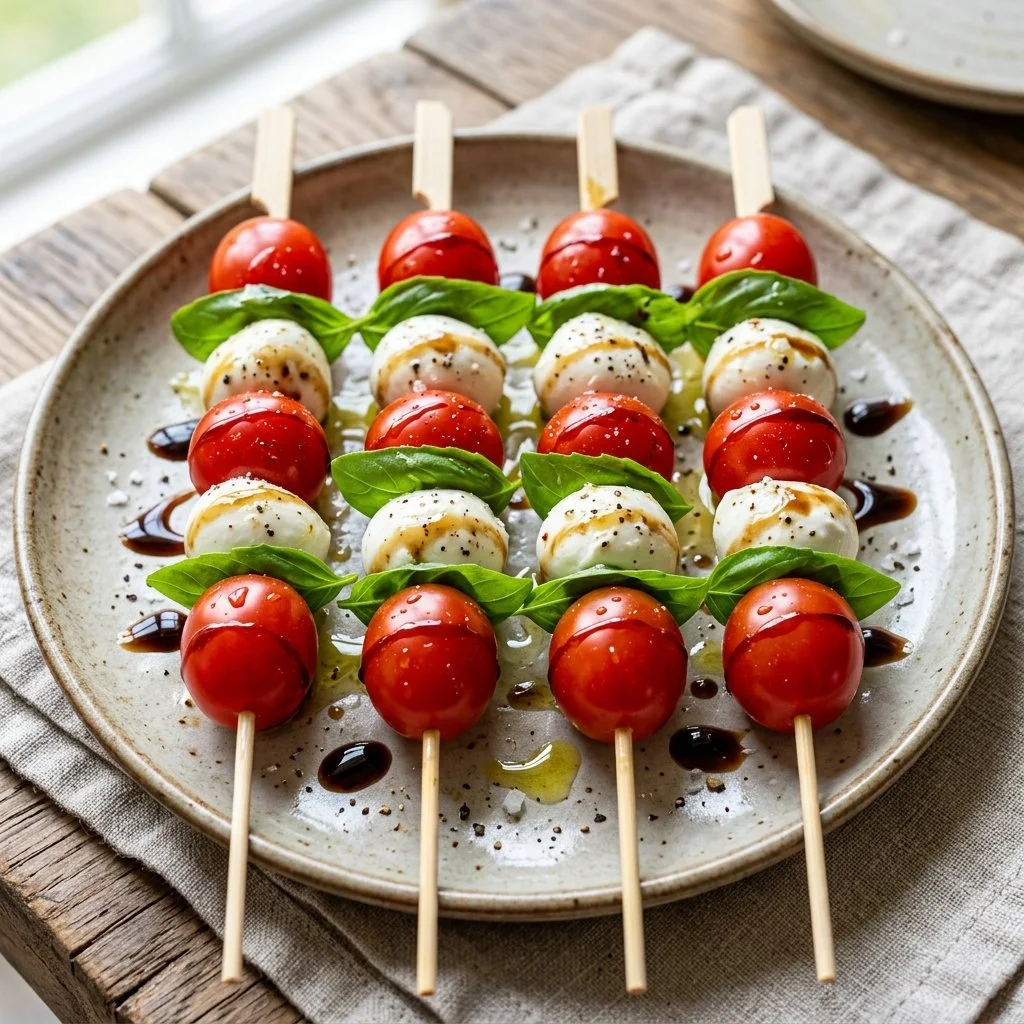 A plate of colorful Caprese Skewers with tomatoes, mozzarella, and basil leaves.