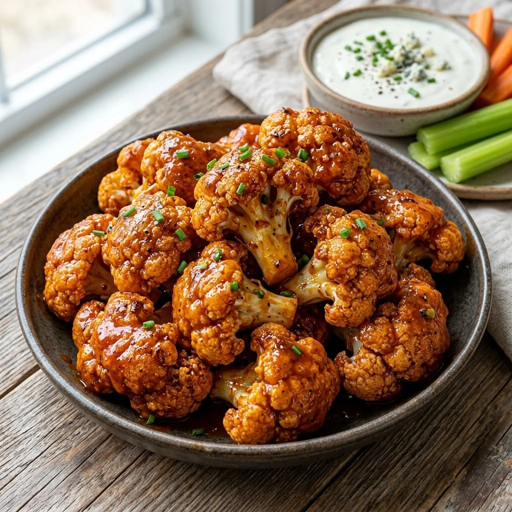 Bowl of crispy cauliflower buffalo wings served with dipping sauce