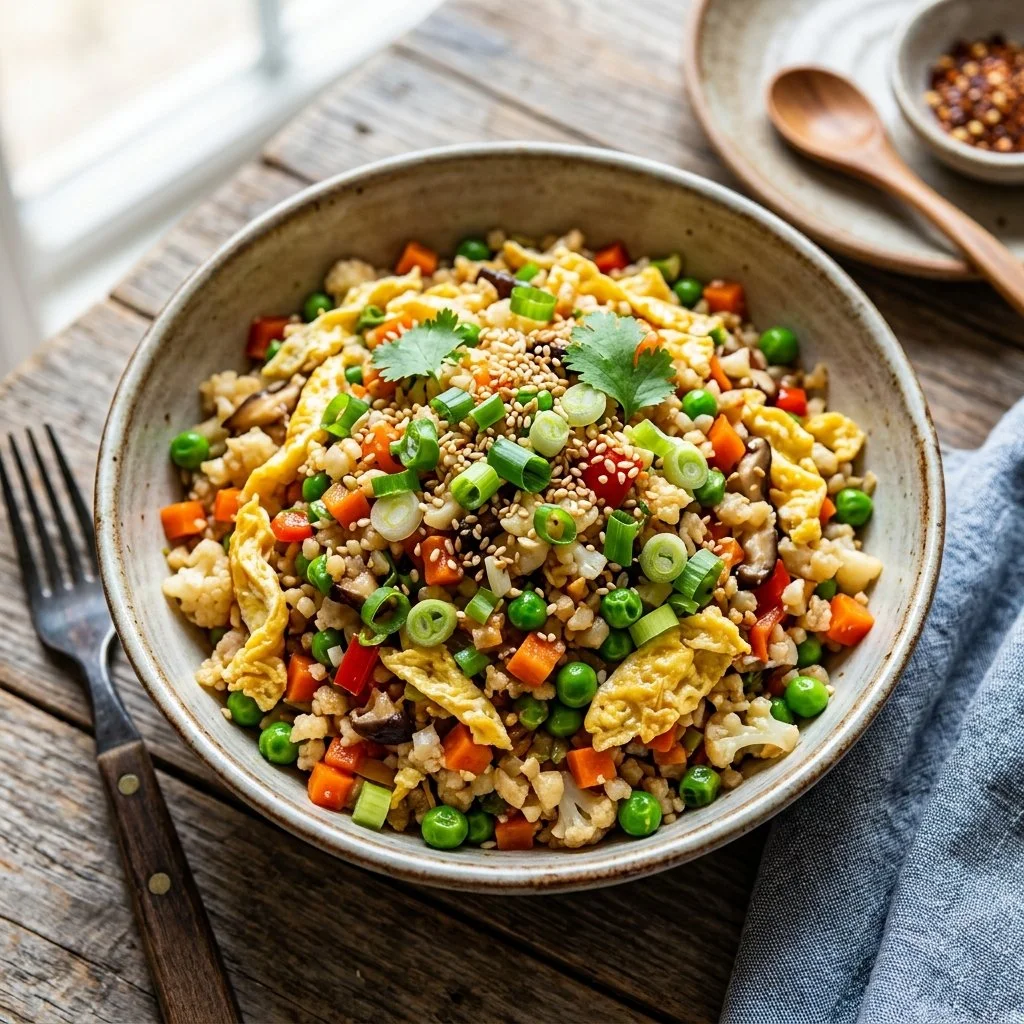 Bowl of cauliflower fried rice with colorful vegetables and herbs
