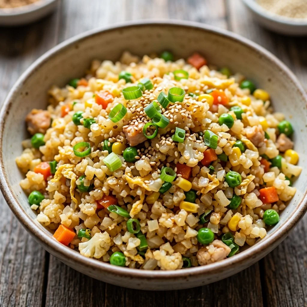 Delicious cauliflower fried rice served in a bowl with colorful vegetables.