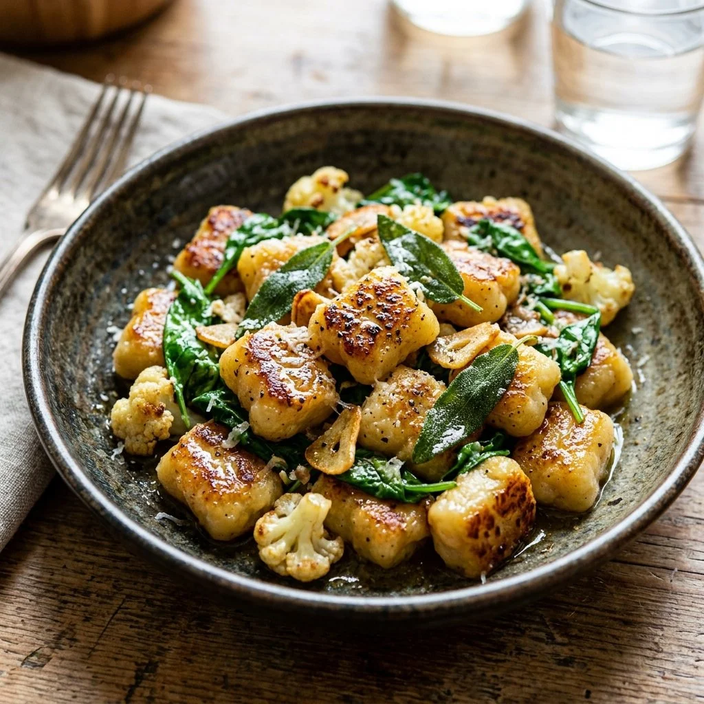 Delicious cauliflower gnocchi served with a fresh basil sauce