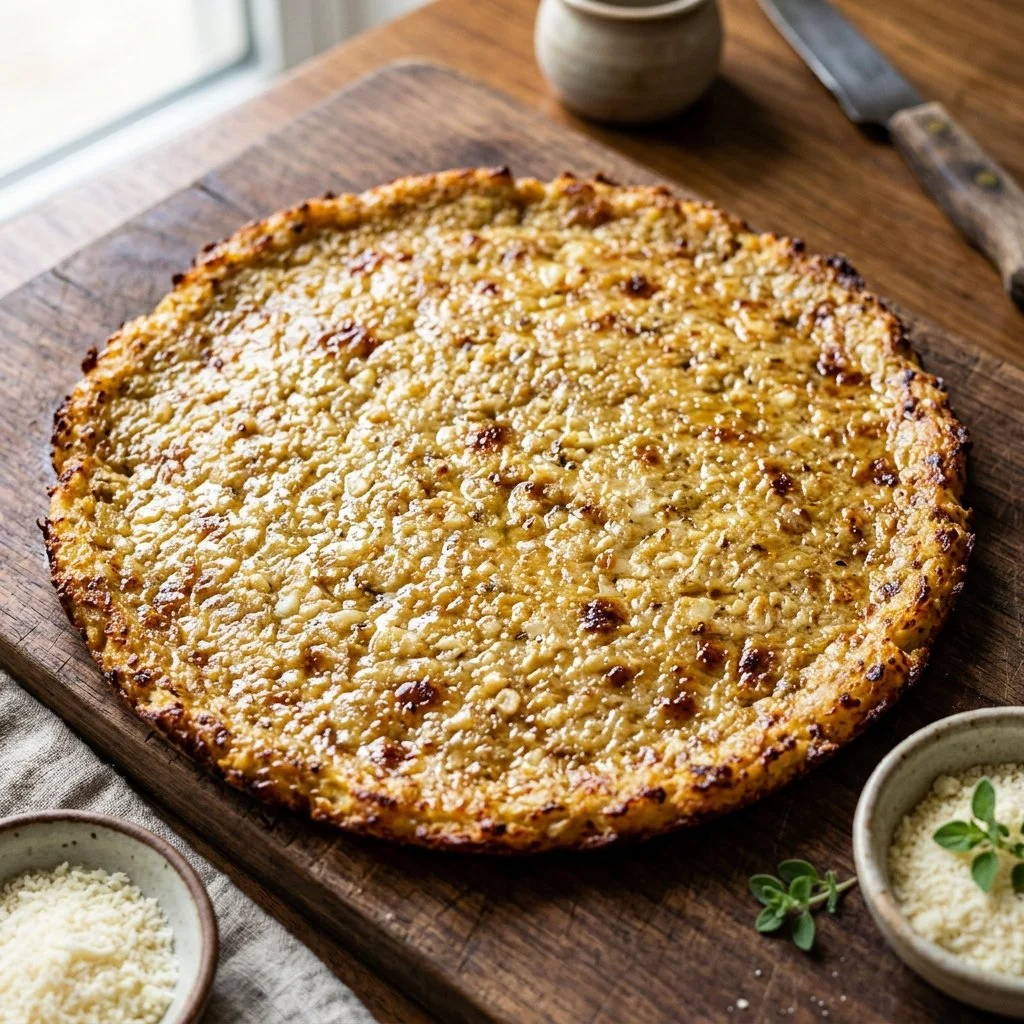 Homemade cauliflower pizza crust topped with fresh vegetables.