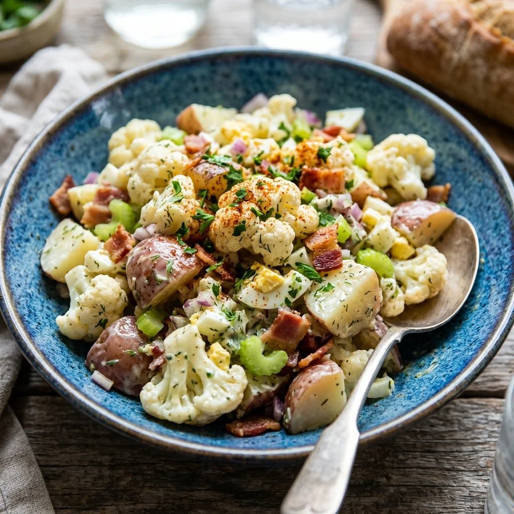 A delicious bowl of cauliflower potato salad garnished with herbs and spices.