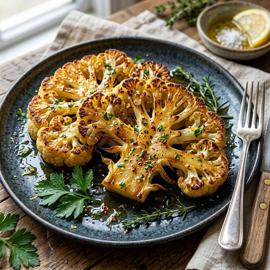 Grilled cauliflower steaks served with herbs and spices