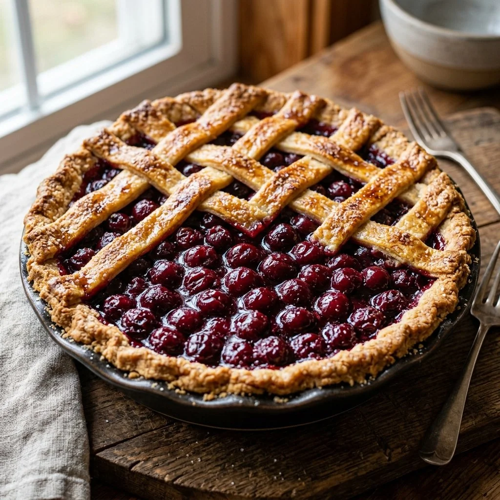 Homemade cherry pie with fresh cherries and flaky crust