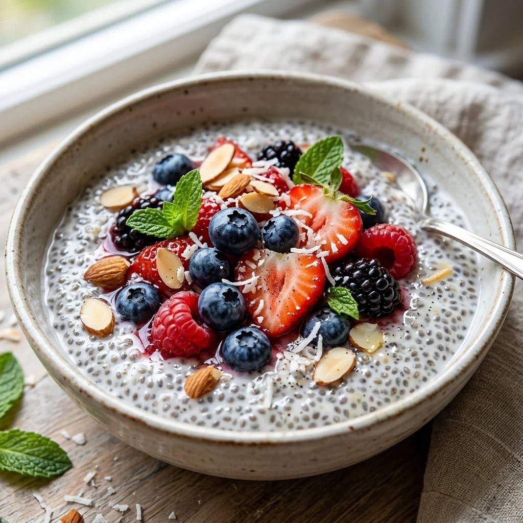 Delicious chia seed pudding topped with fresh fruits and nuts for a nutritious treat