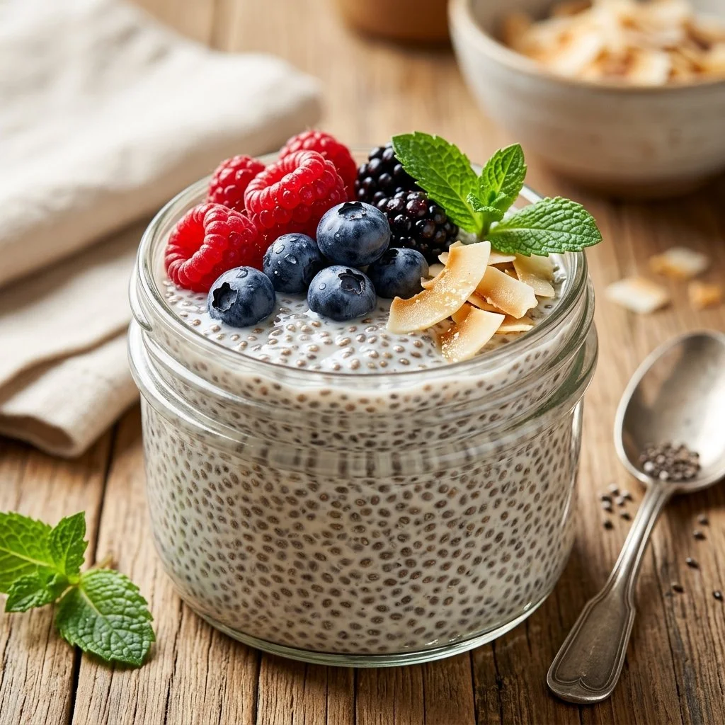 Bowl of creamy chia seed pudding topped with fresh fruits and nuts