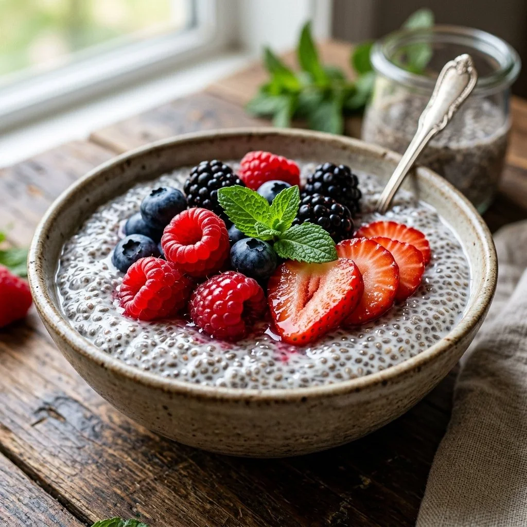 Delicious chia seed pudding topped with fresh fruits and nuts