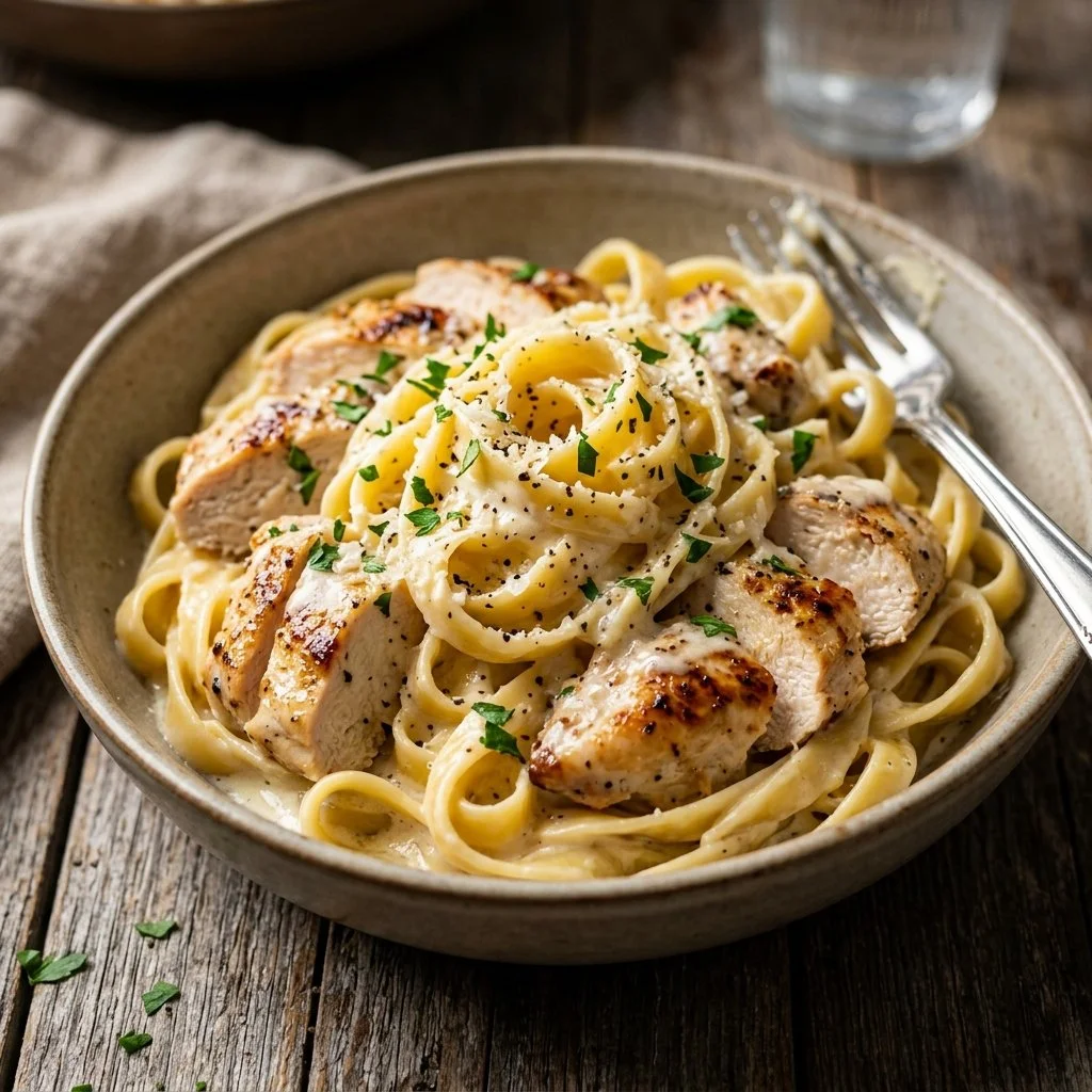 Creamy Chicken Alfredo pasta dish with grilled chicken and parmesan cheese