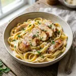 Delicious Chicken Alfredo pasta dish with creamy sauce and grilled chicken pieces.