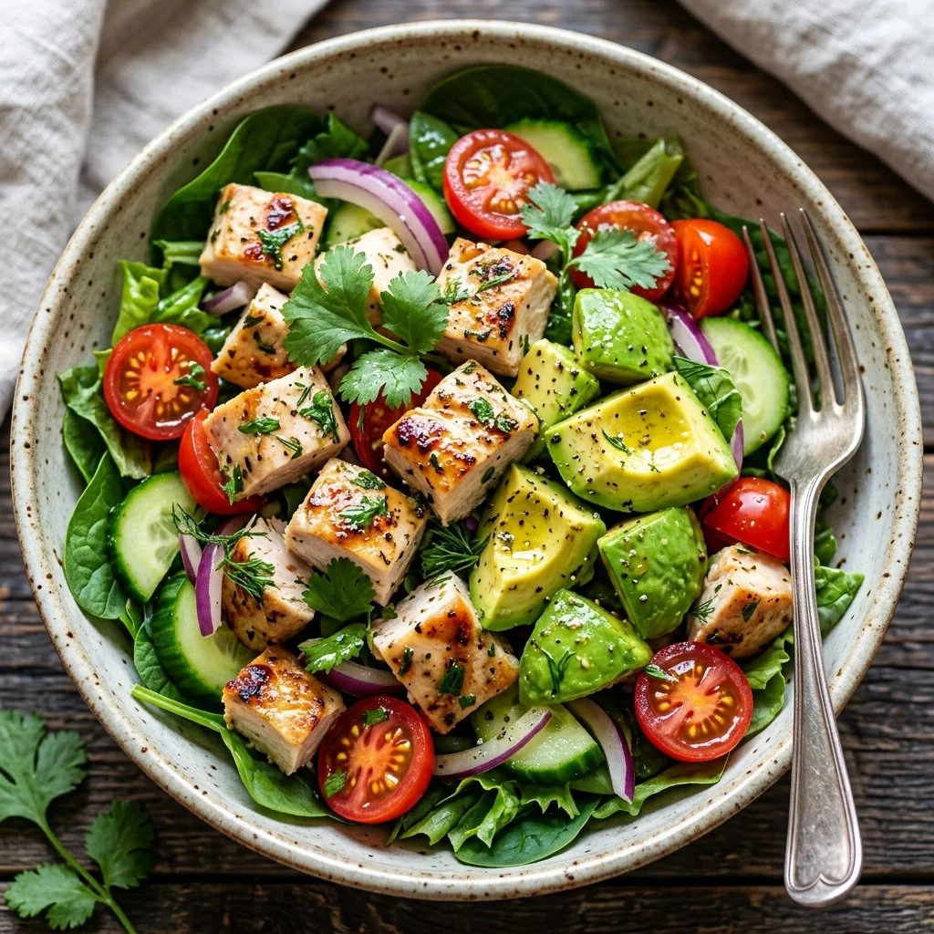 Delicious Chicken Avocado Salad topped with fresh ingredients and dressing.