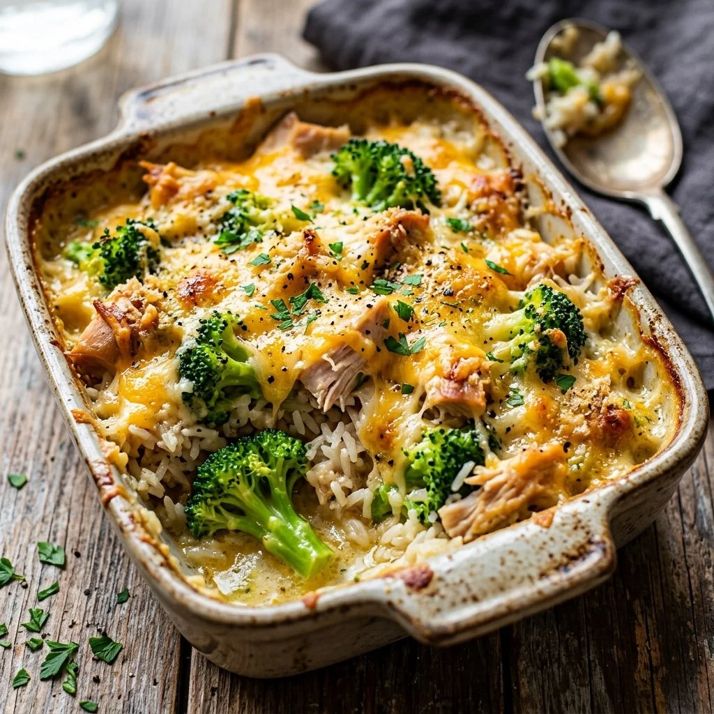 Delicious homemade Chicken Broccoli Rice Casserole topped with cheese and herbs