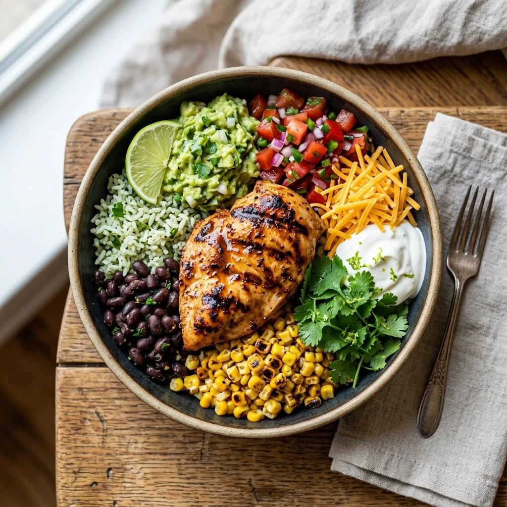 Chicken Burrito Bowl topped with fresh vegetables and herbs.