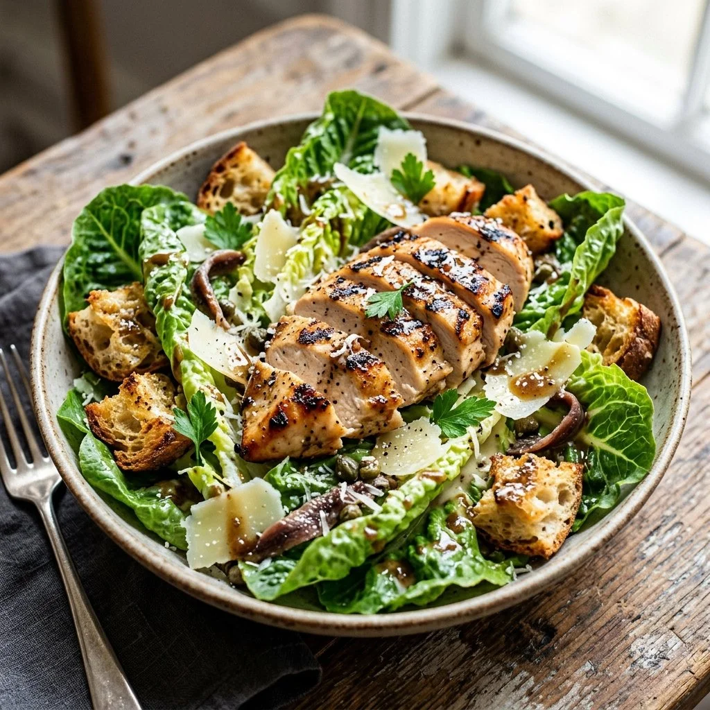 A fresh Chicken Caesar Salad with lettuce, grilled chicken, croutons, and Caesar dressing.