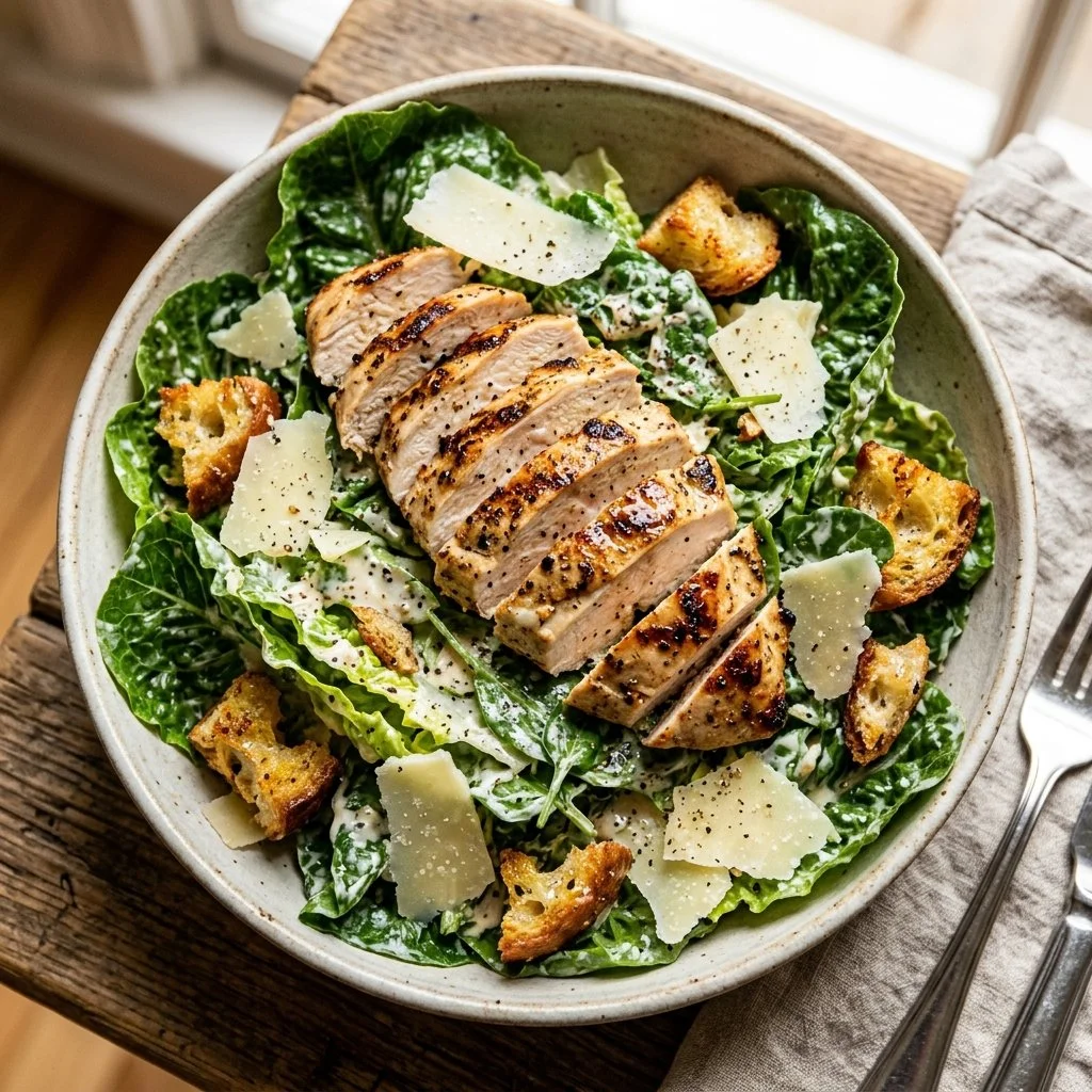 Fresh Chicken Caesar Salad with grilled chicken, romaine lettuce, and Caesar dressing