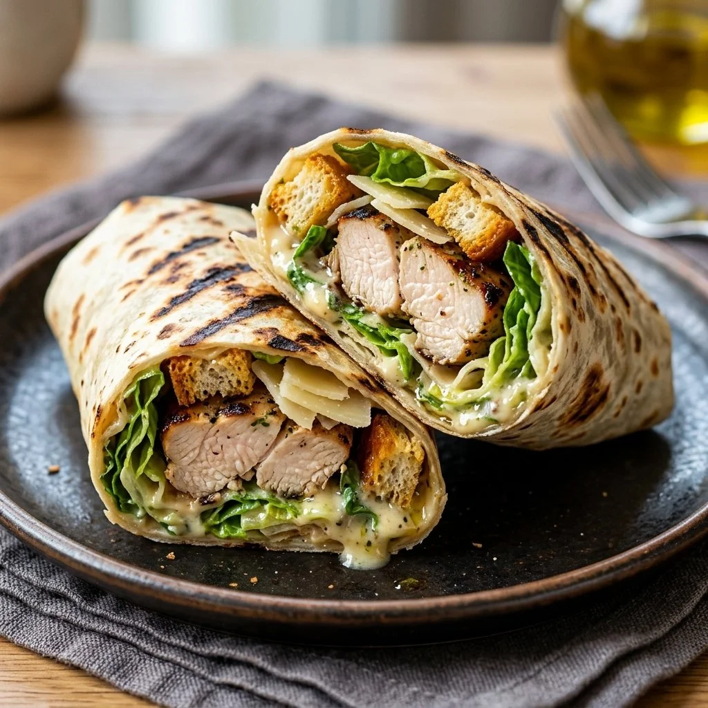 Delicious Chicken Caesar Wrap with grilled chicken and fresh romaine lettuce
