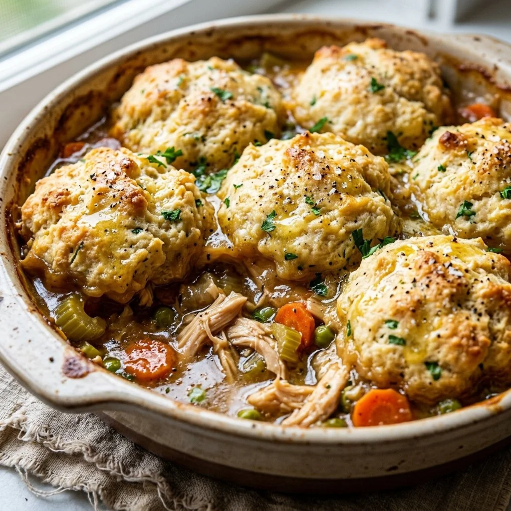 Delicious Chicken Cobbler featuring tender chicken and golden biscuit topping