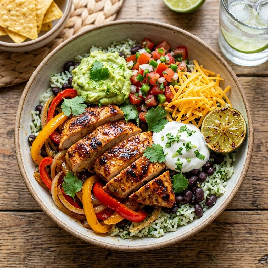 Delicious Chicken Fajita Bowl served with colorful peppers and fresh toppings.