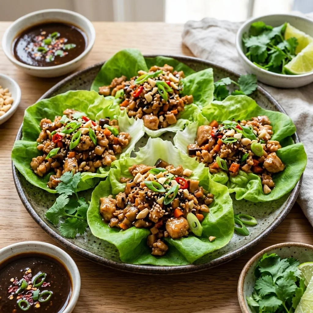 Delicious homemade chicken lettuce wraps served on a plate.