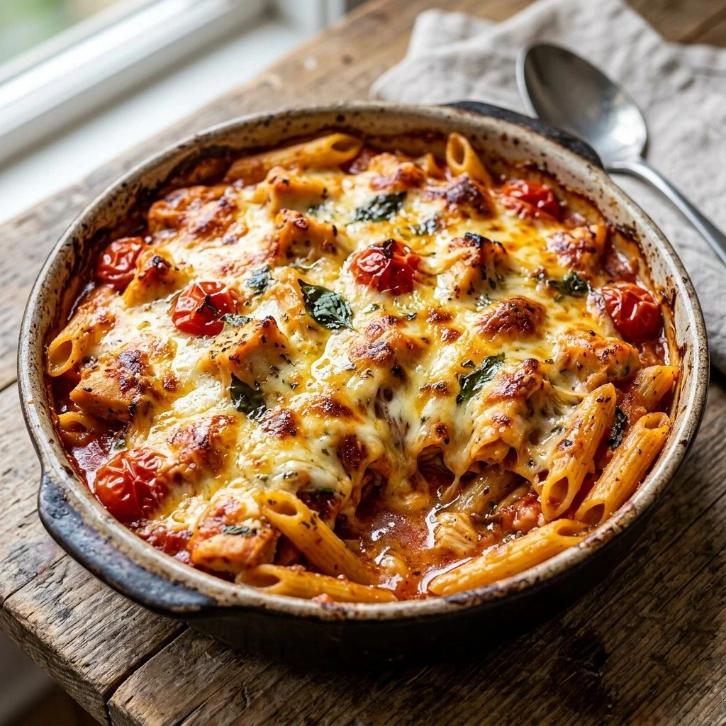 A creamy Chicken Pasta Bake fresh from the oven, topped with cheese and herbs.