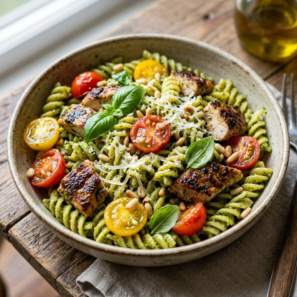 Plate of Chicken Pesto Pasta garnished with fresh basil and parmesan cheese