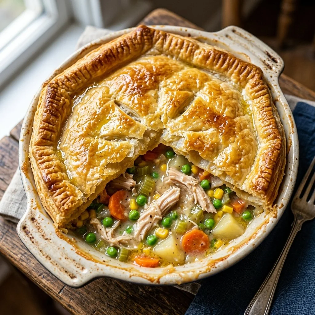 Chicken Pot Pie Casserole ready to serve in a baking dish
