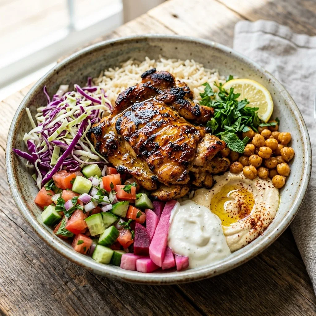 Delicious Chicken Shawarma Bowl with fresh vegetables and savory spices.
