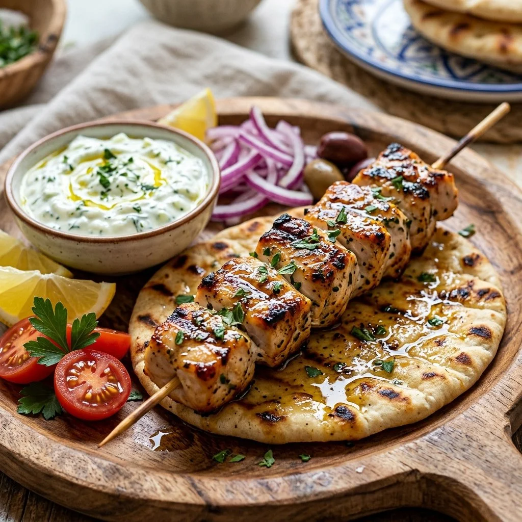 Grilled Chicken Souvlaki skewers served with fresh vegetables and tzatziki sauce.