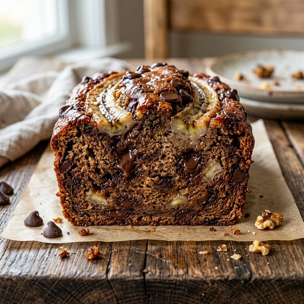 Chocolate chip banana bread loaf with slices on a plate