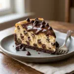 Decadent Chocolate Chip Cheesecake topped with chocolate chips and a graham cracker crust